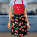 Watercolor Cherries Monogram Black Apron<br><div class="desc">This monogram apron features a watercolor cherry pattern with solid red at the top where your initial and name can be added.</div>