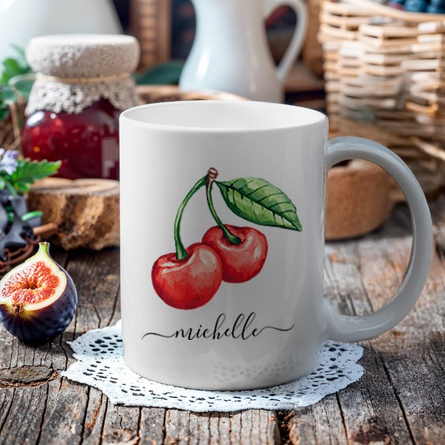 Watercolor Cherries Monogram Coffee Mug (These watercolor red cherries make a great fruit design, and you can personalize this with your name)