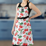 Watercolor Cherries Monogram Red Green Black Apron<br><div class="desc">This monogram apron features a watercolor cherry pattern with a black band and a square for initial at the top.</div>