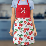 Watercolor Cherries Monogram Red Top Green Black Apron<br><div class="desc">This monogram apron features a watercolor cherry pattern with solid red at the top where your initial and name can be added.</div>