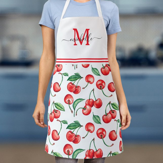 Watercolor Cherries Monogram White Apron (Creator Uploaded)