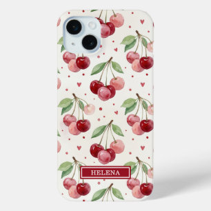 Watercolor Cherries Monogrammed iPhone 15 Mini Case