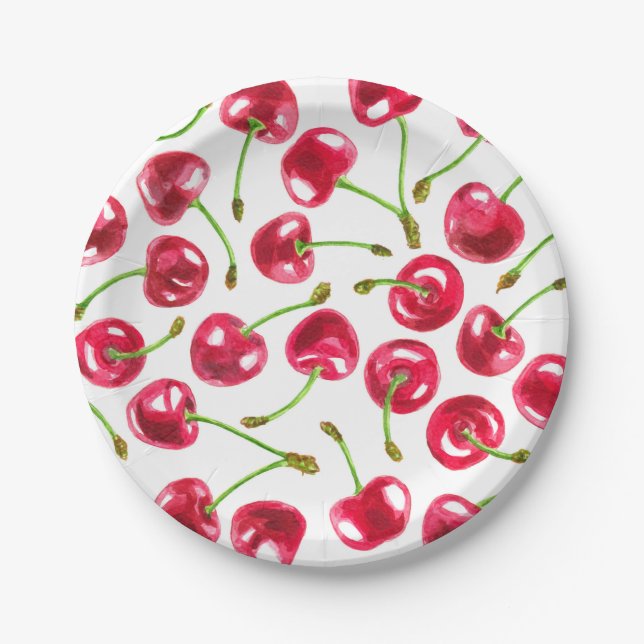 Watercolor cherries pattern paper plate (Front)