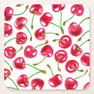 Watercolor cherries pattern square paper coaster