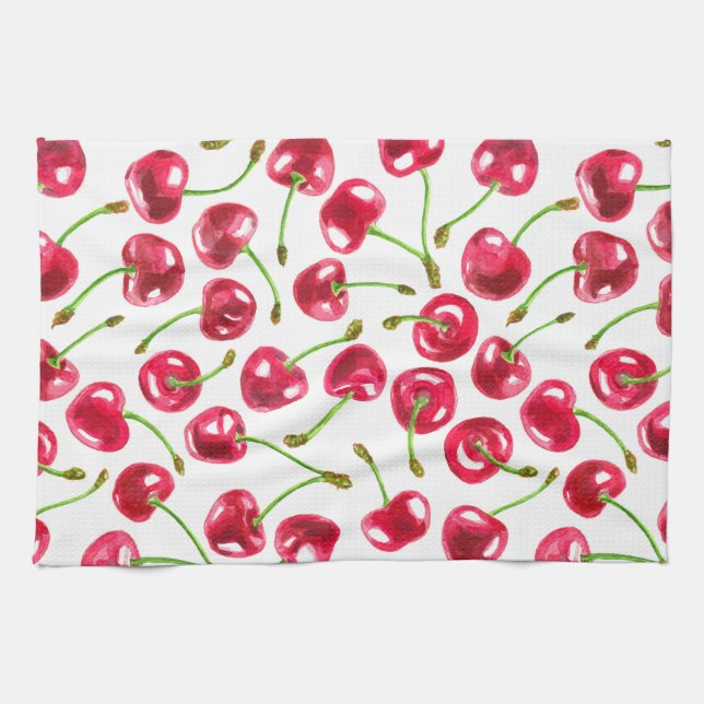 Watercolor cherries pattern tea towel (Horizontal)