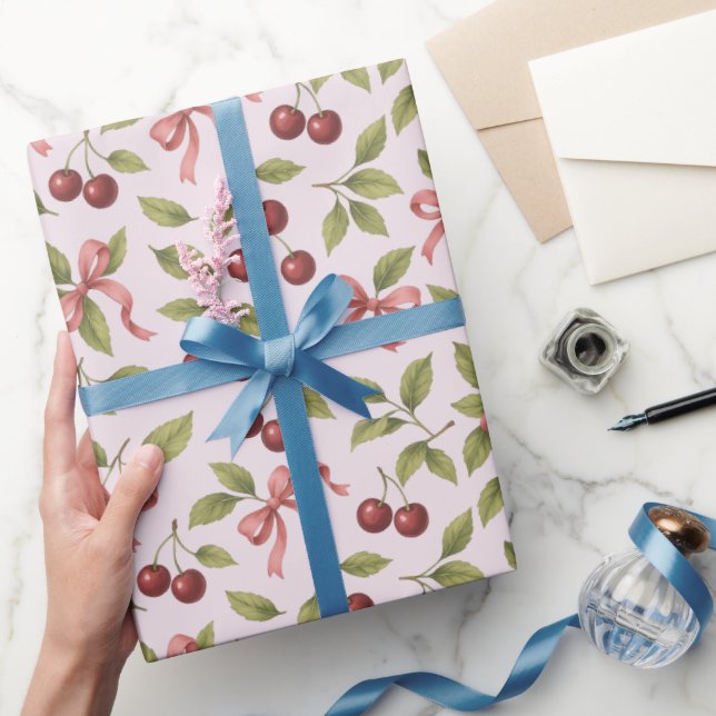Watercolor Cherries with Bow - Elegant Fruit  Wrapping Paper (Gifting)