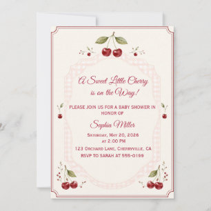 Watercolor Cherry Baby Shower Pink Gingham Invitation