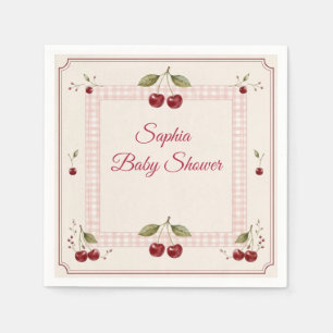 Watercolor Cherry Baby Shower Pink Gingham Napkin