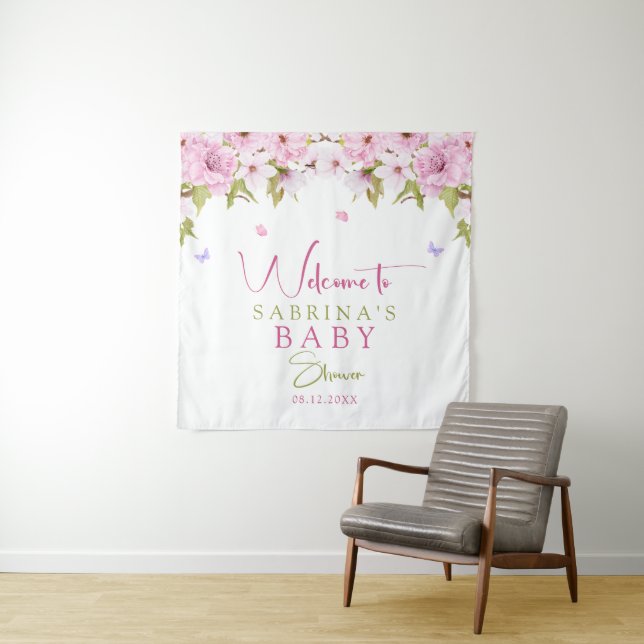 Watercolor Cherry Blossom Baby Shower Tapestry (In Situ)