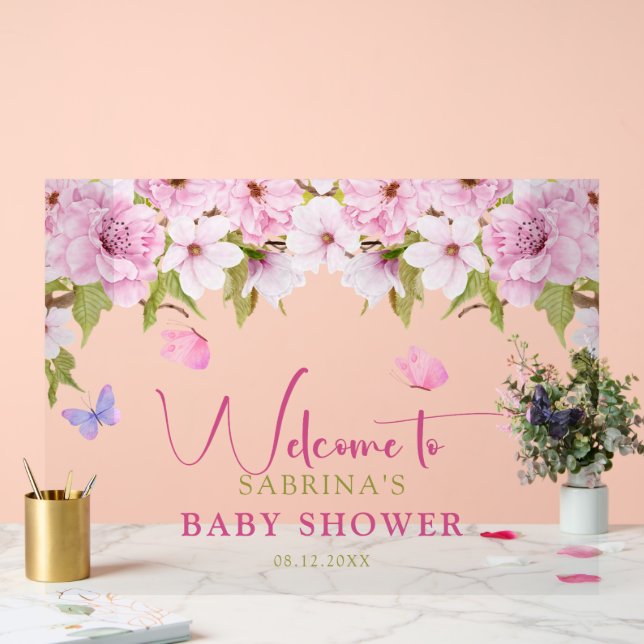 Watercolor Cherry Blossom Baby Shower Welcome  Acrylic Sign (Wedding)