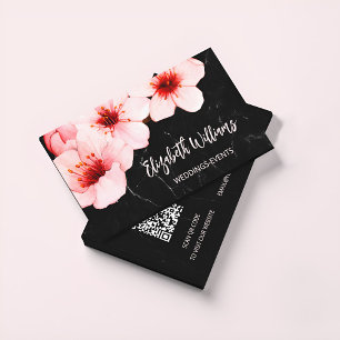 Watercolor Cherry Blossom Black Marble   Qr  Code Business Card