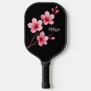 Watercolor Cherry Blossom Black Monogram Pickleball Paddle