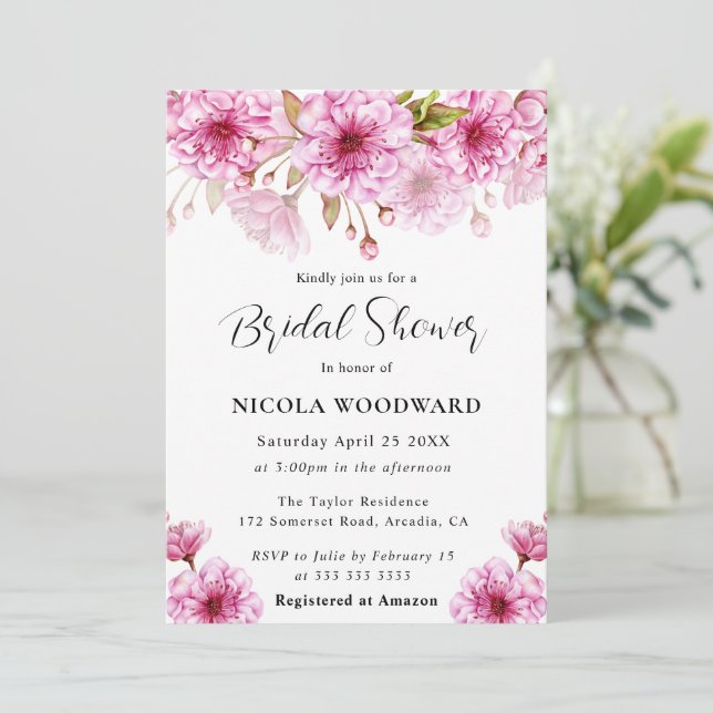 Watercolor Cherry Blossom Branch Bridal Shower  Invitation (Standing Front)