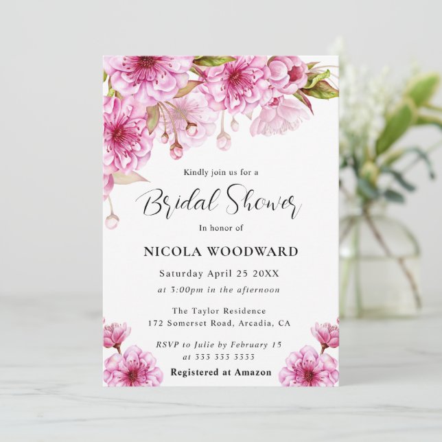 Watercolor Cherry Blossom Branch Bridal Shower  Invitation (Standing Front)