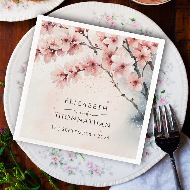 Watercolor Cherry Blossom Chic Wedding Anniversary Napkin (Creator Uploaded)