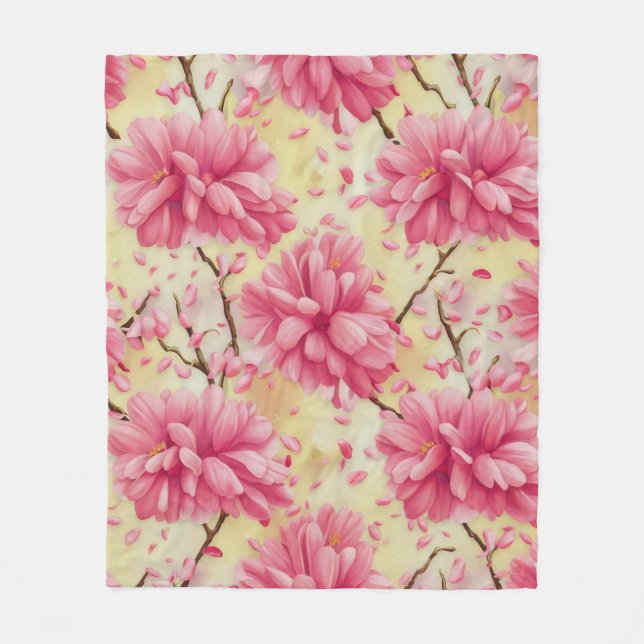 "Watercolor Cherry Blossom Floral Pattern"Descript Fleece Blanket (Front)