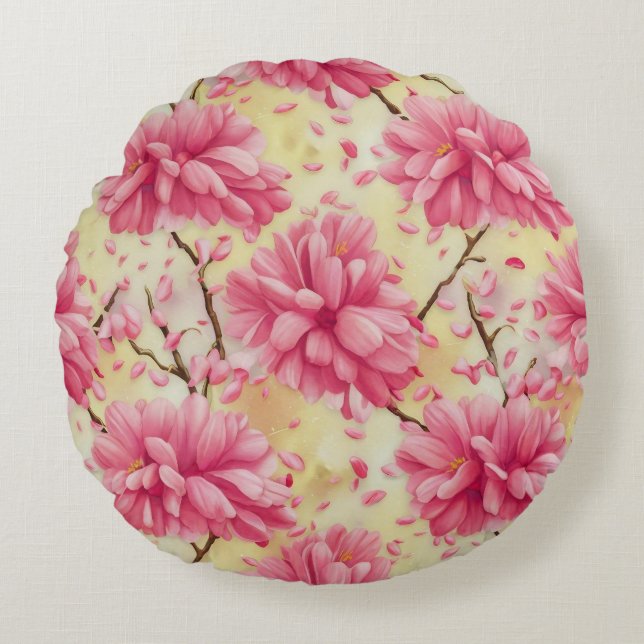 "Watercolor Cherry Blossom Floral Pattern" Round Cushion (Front)