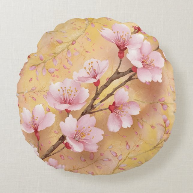 "Watercolor Cherry Blossom Floral Pattern" Round Cushion (Front)