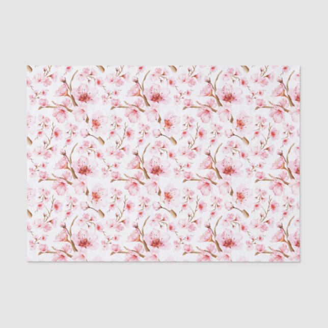 Watercolor Cherry Blossom | Floral Pink White Tissue Paper (Front)