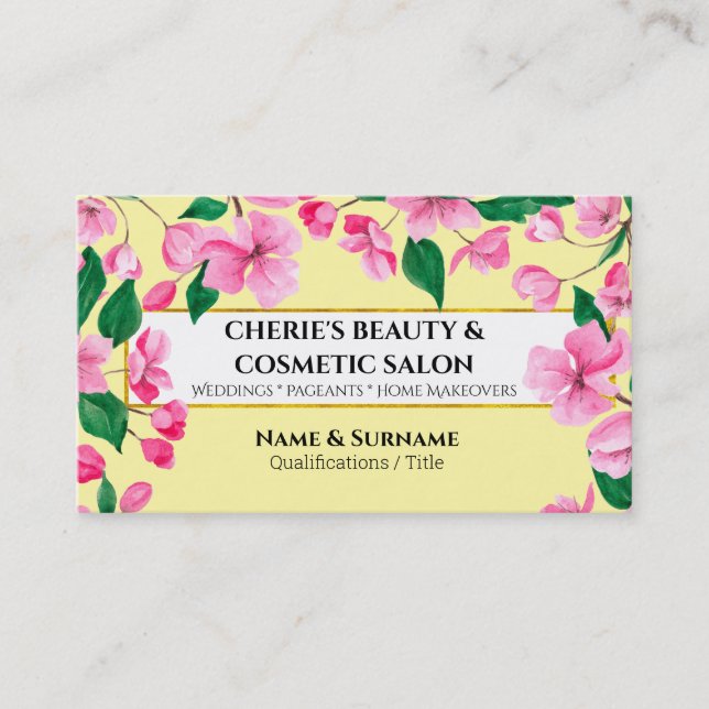 Watercolor cherry blossom flower pink yellow salon business card (Front)