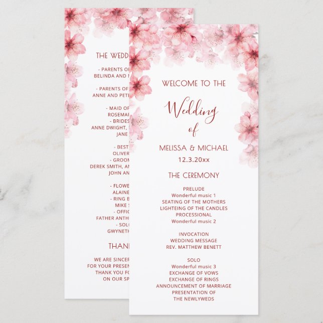 Watercolor Cherry Blossom Flowers Wedding Programme (Front/Back)