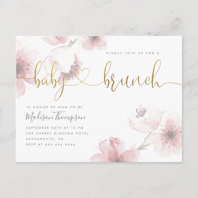 Watercolor Cherry Blossom Gold Baby Brunch Shower Invitation Postcard (Front)