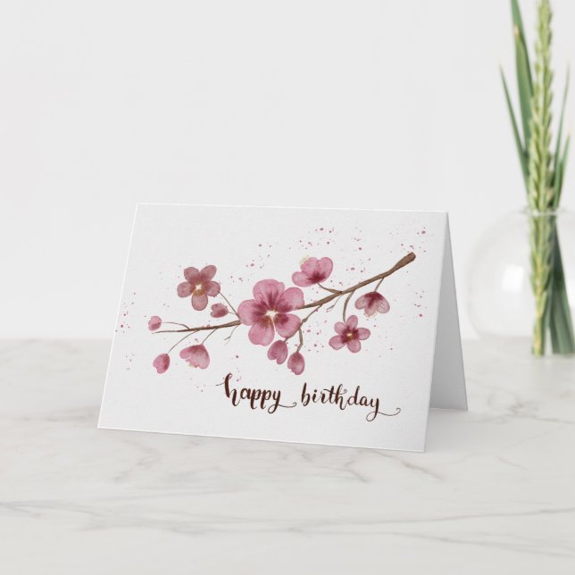 Watercolor Cherry blossom Happy Birthday Card (Front)