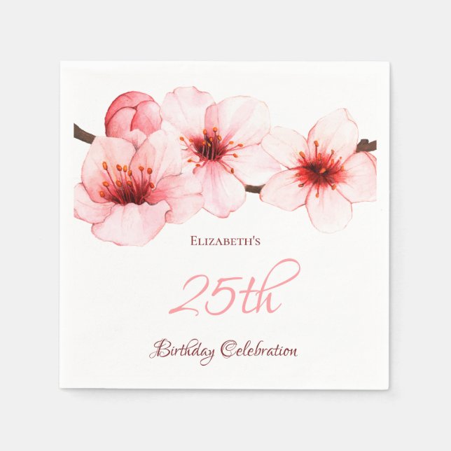 Watercolor Cherry Blossom Pink White Birthday Napkin (Front)