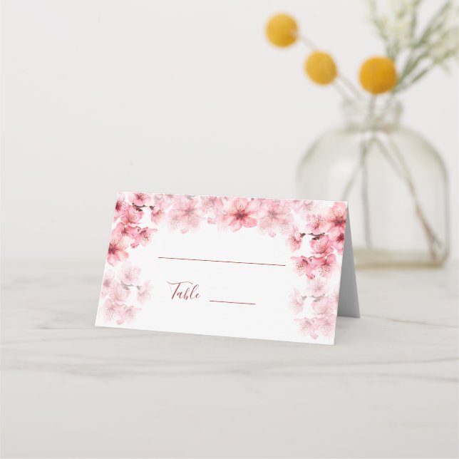 Watercolor Cherry Blossom Pink White Wedding Place Card (Front)