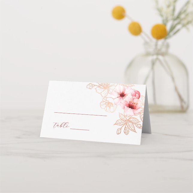 Watercolor Cherry Blossom Pink White Wedding Place Card (Front)