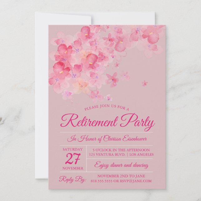 Watercolor Cherry Blossom Retirement Party Invitation (Front)