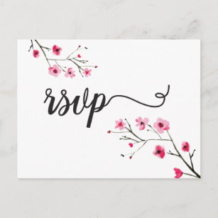 Watercolor Cherry Blossom RSVP Wedding Invitation Postcard