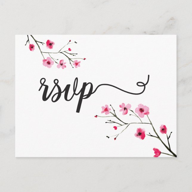 Watercolor Cherry Blossom RSVP Wedding Invitation Postcard (Front)
