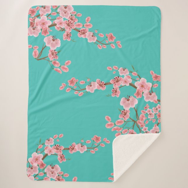 Watercolor Cherry Blossom Sherpa Blanket  (Front)