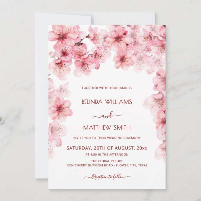  Watercolor Cherry Blossom Wedding Invitation (Front)