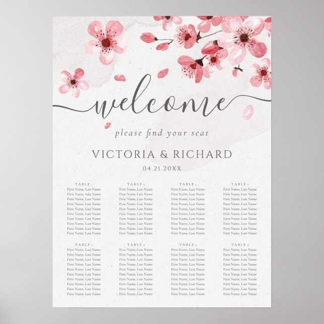 Watercolor Cherry Blossom Wedding Seating Chart (Front)
