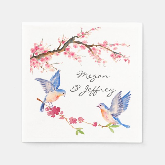 Watercolor Cherry Blossom with BlueBirds Napkin (Front)