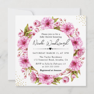Watercolor Cherry Blossom Wreath Baby Shower Invitation