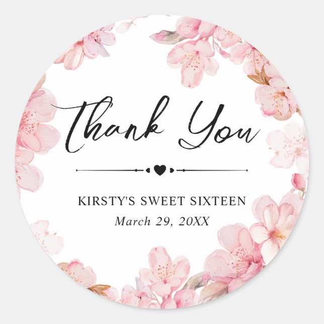 Watercolor Cherry Blossom Wreath Sweet Sixteen Classic Round Sticker (Front)