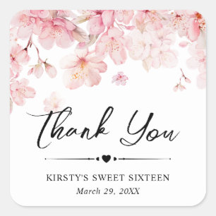 Watercolor Cherry Blossom Wreath Sweet Sixteen Square Sticker