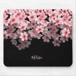 Watercolor Cherry Blossoms Black Pink Your Name Mouse Pad