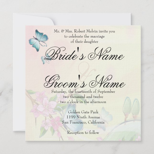 Watercolor Cherry Blossoms Butterflies Invitation (Front)
