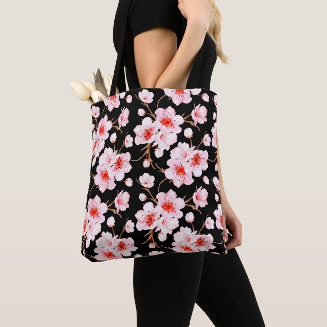Watercolor Cherry Blossoms Pink Black Tote Bag (Close Up)
