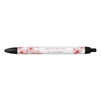 Watercolor Cherry Blossoms Pink Floral Black Ink Pen