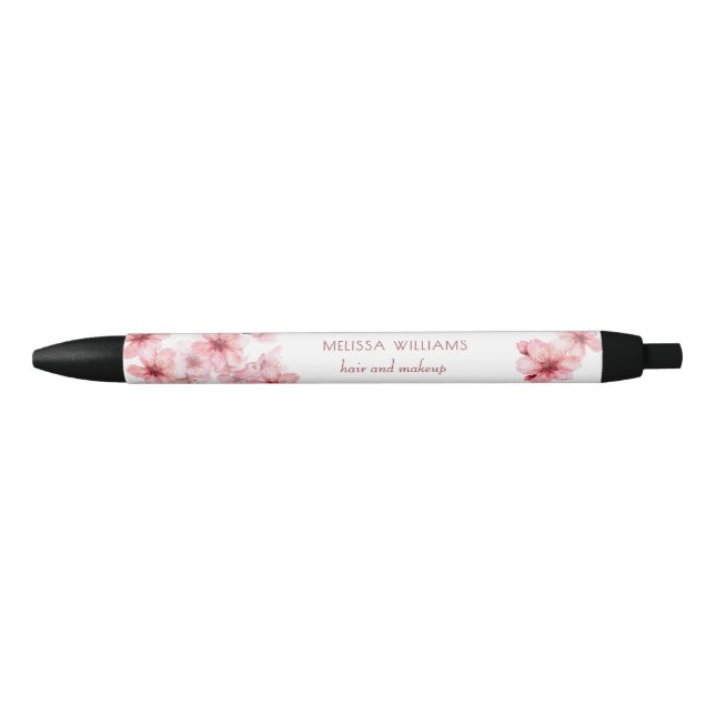Watercolor Cherry Blossoms Pink Floral Black Ink Pen (Front)