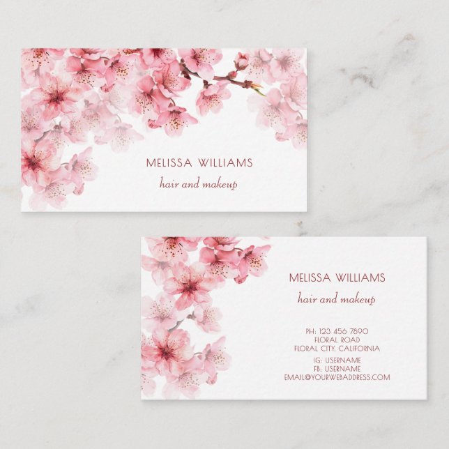 Watercolor Cherry Blossoms Pink Floral Business Card (Front/Back)