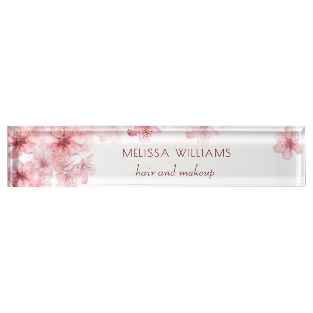 Watercolor Cherry Blossoms Pink Floral Nameplate (Front)