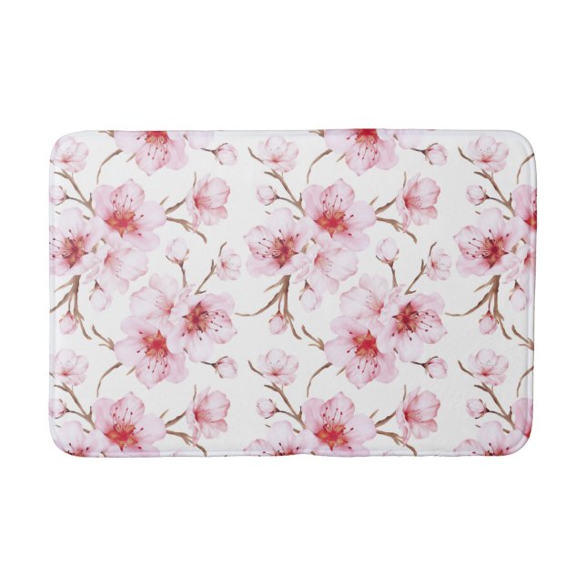 Watercolor Cherry Blossoms Pink White Bath Mat (Front)
