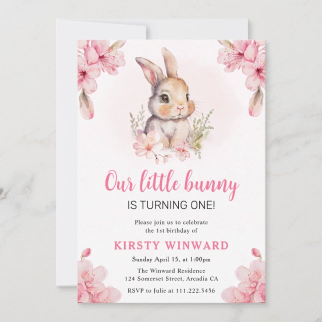 Watercolor Cherry Blossoms Rabbit 1st Birthday Invitation (Front)