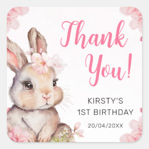 Watercolor Cherry Blossoms Rabbit Birthday Square Sticker